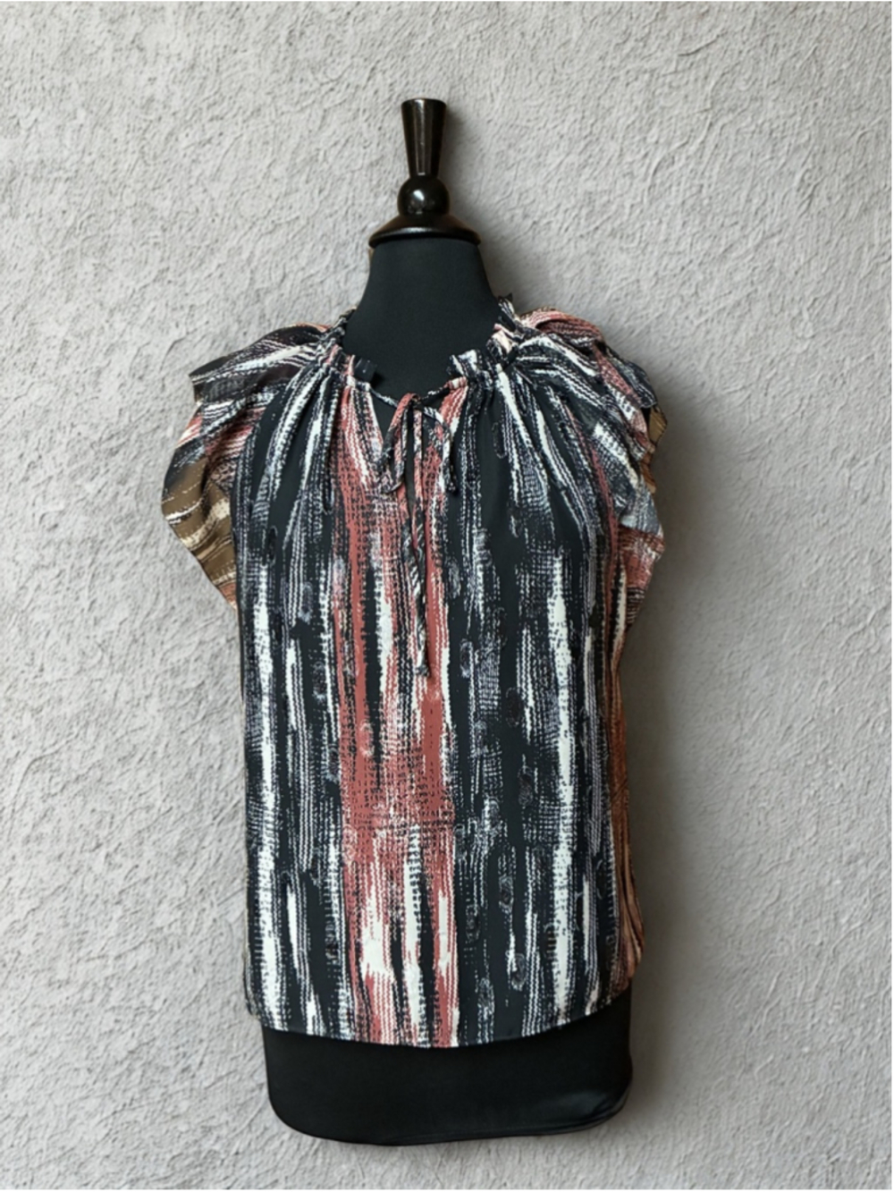 White House Black Market Black and Rust Abstract Ruffle-Neck Sleeveless Blouse